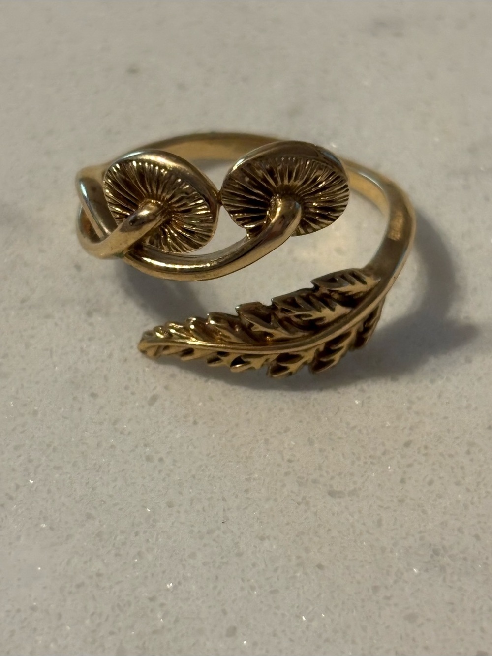 Gold Mushroom & Leaf Wrap Ring - Women's Adjustable Nature Ring
